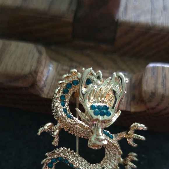 Gold Dragon Brooch with Teal Crystals and Pearl Accent - Picture 2 of 4
